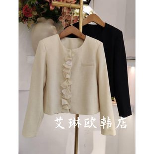 欧货木耳边捏褶设计感桑蚕丝亚麻短外套女 新款 3.4 6819春装