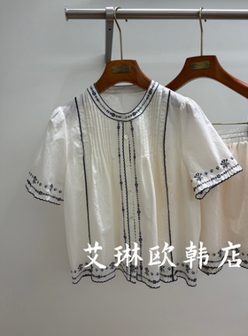 66048重工刺绣短袖衬衫短裤套装