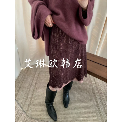 5359松紧腰蕾丝拼接丝绒半身裙