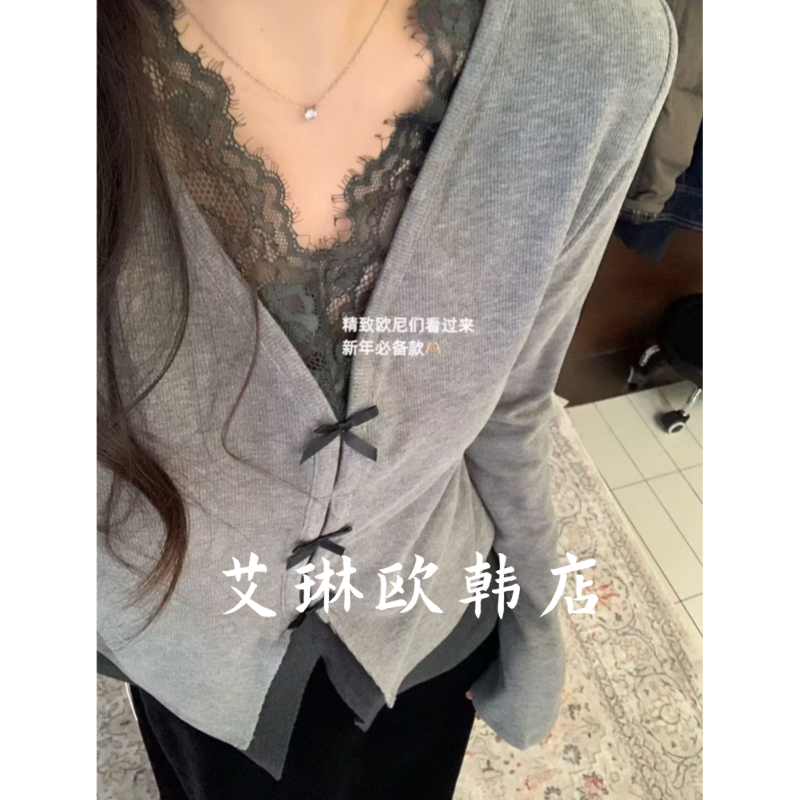 5288韩系V领蝴蝶结假两件加绒T恤