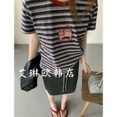 韩系圆领猫咪刺绣复古条纹短袖 款 T恤女 卡蔓enxi21311春夏季 3.15