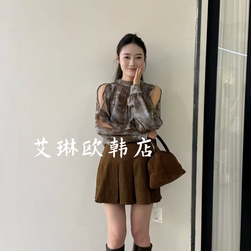土布鱼8092秋款露肩系带印花衬衫