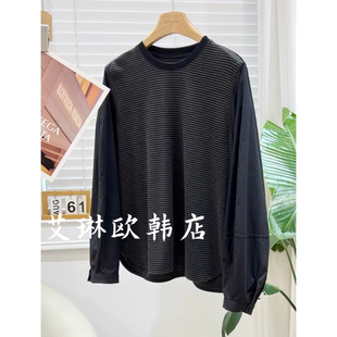 3617欧货秋款圆领撞色条纹减龄拼接灯笼袖上衣莫代尔棉宽松T恤女