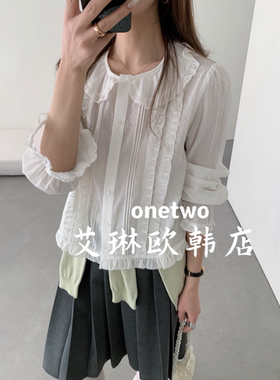 2.27~onetwo15015春装新款韩系甜美木耳边娃娃领全棉长袖衬衫女