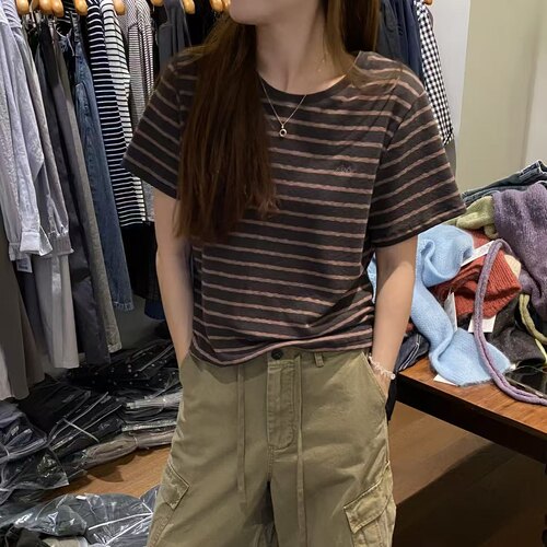 米鹿51593秋款欧货短袖条纹T恤女