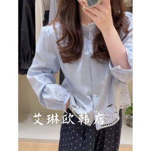 女 全棉衬衫 onetwo15308春款 蕾丝花边泡泡肩下摆镂空刺绣条纹长袖