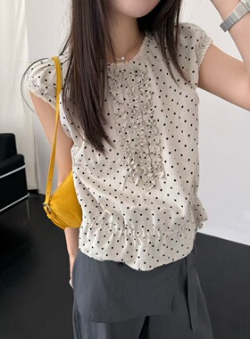 米鹿ouur1215韩系夏装新款棉麻波点蕾丝木耳边下摆抽绳无袖小衫