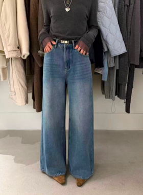 福利不退overrich九禾28856冬装新款配腰带高腰加绒直筒牛仔裤女