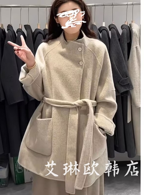福利050秋冬款立领配腰带中长款100澳洲超细羊毛双面羊绒大衣外套