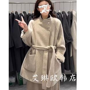 福利050秋冬款 100澳洲超细羊毛双面羊绒大衣外套 立领配腰带中长款