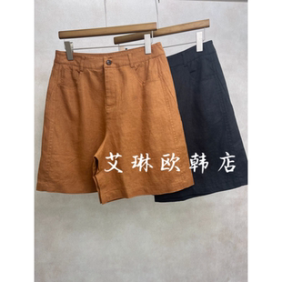 五分褲 南油貨 女 休閑闊腿褲 歐貨高腰純色極簡風亞麻短褲 T61夏季 款