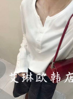 福利81286秋冬新款简约小V领休闲百搭内里磨毛打底衫长袖T恤女