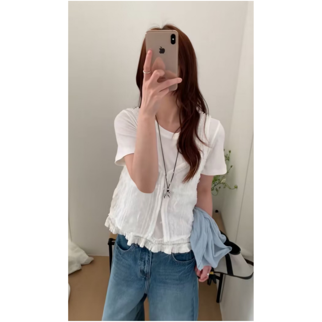X.XIU新袖26031夏款韩系蕾丝木耳边马甲背心+圆领短袖T恤两件套女