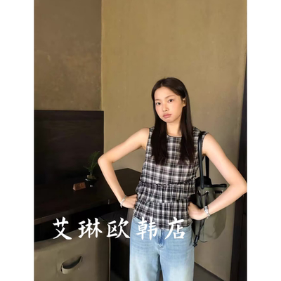 米鹿80121夏格子无袖衬衫荷叶边
