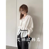 卡蔓OQQO 衬衫 MM531春装 韩系V领配腰带莱赛尔苎麻长袖 女 新款 3.14