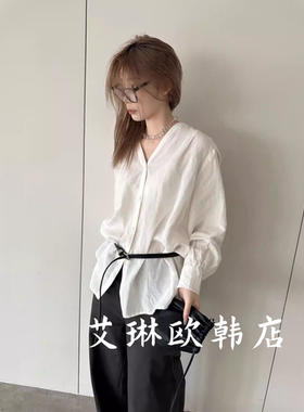 特价卡蔓OQQO MM531春装新款韩系V领配腰带莱赛尔苎麻长袖衬衫女