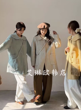 66056秋冬韩系娃娃领流苏包包中长款双面羊绒100高支澳毛大衣外套