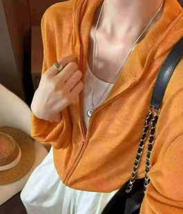 8366慵懒风连帽拉链针织开衫女长袖防晒外套显瘦夏季薄款罩衫上衣