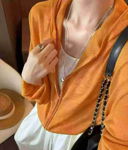 8366慵懒风连帽拉链针织开衫女长袖防晒外套显瘦夏季薄款罩衫上衣