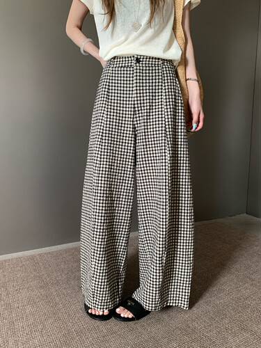 卡蔓OQQOMM628格子裤休闲裤女夏季美式松弛感宽松阔腿运动长裤子