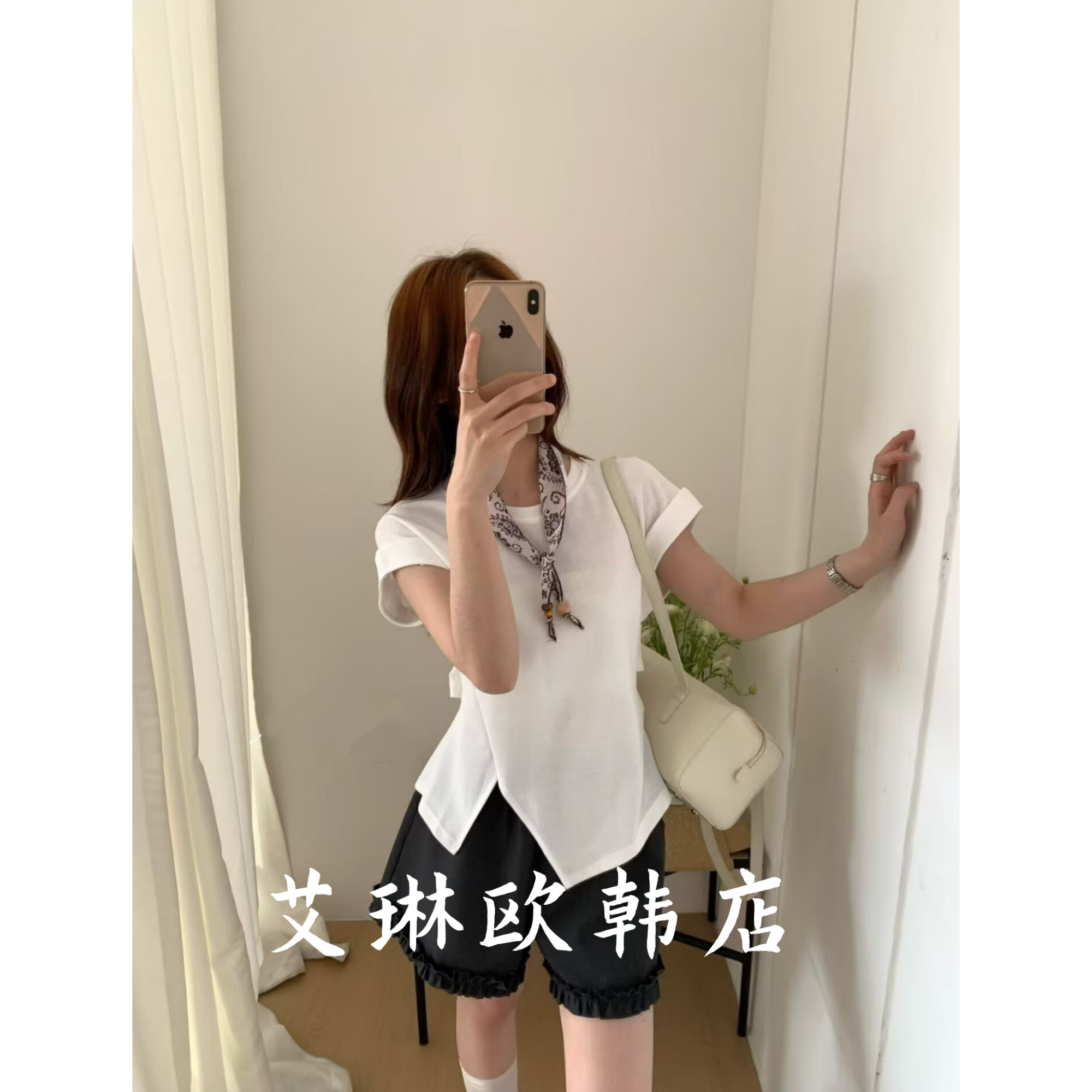 X.XIU新袖26033夏韩系配丝巾后背露腰系带收腰短袖T恤上衣女