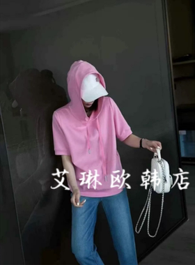 7.2福利3399夏季新款欧货休闲风连帽抽绳宽松短袖卫衣百搭上衣女