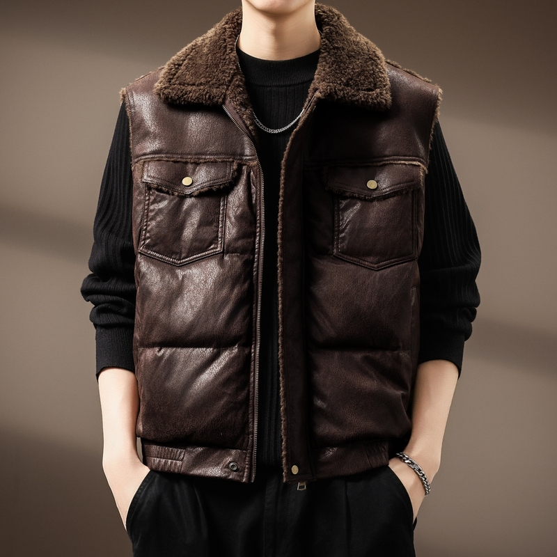 高端做旧裂纹皮加厚羊羔绒棉衣马甲男士外套秋冬美式保暖棉服背心