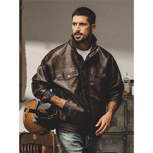 美式经典复古软皮衣男宽松机车服秋季潮牌硬汉皮夹克外套男春秋款