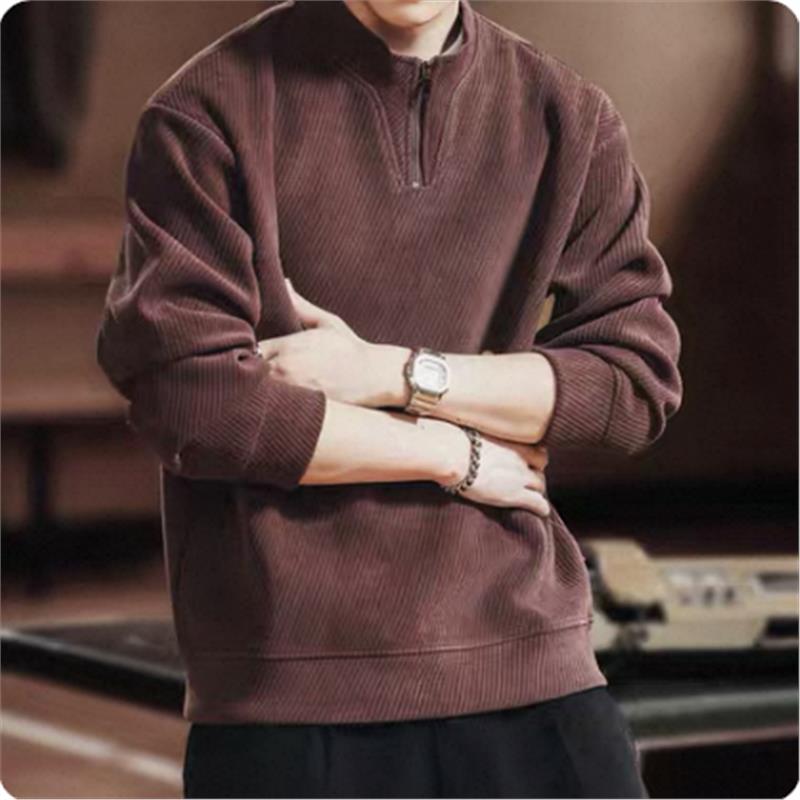 格蓝鹿美式复古半拉链立领卫衣男2025秋季加绒肌理感宽松休闲外套