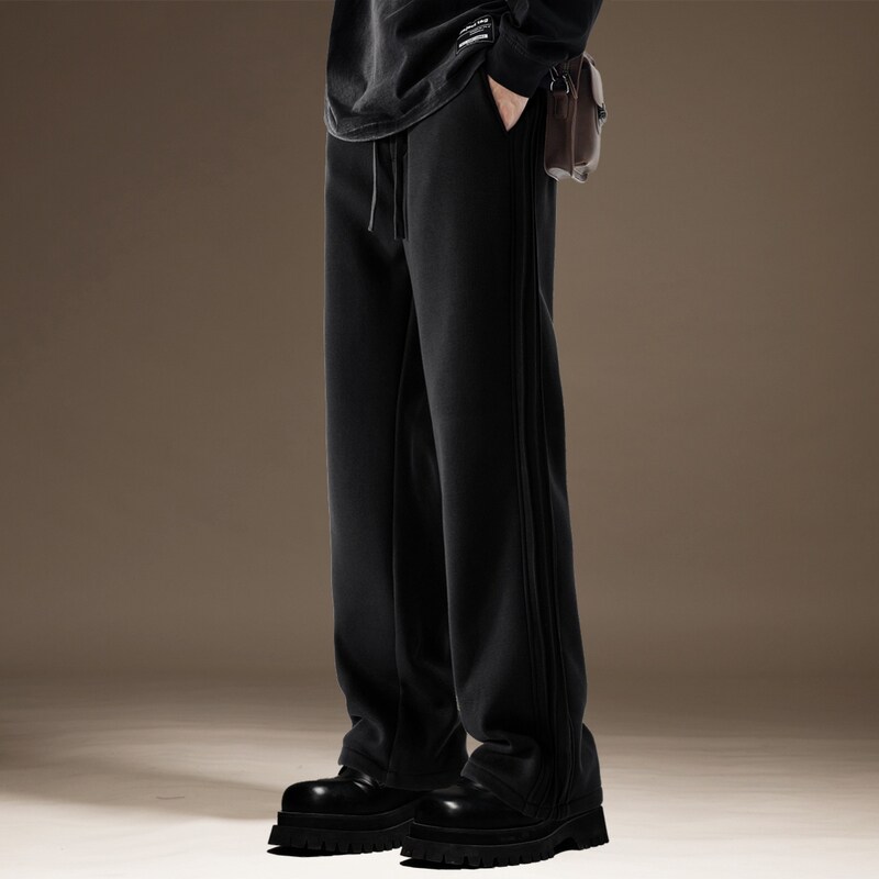 高端美式高街垂感直筒休闲裤男秋季潮牌宽松大码黑色运动条纹卫裤