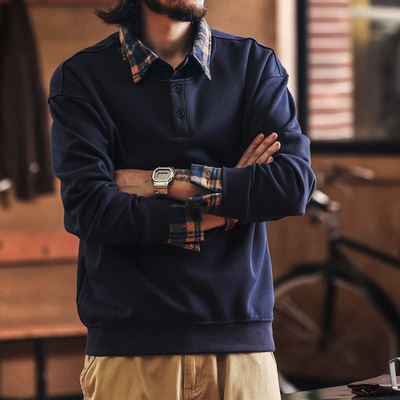 格蓝鹿美式复古拼接格子假两件Polo衫男款秋季潮牌宽松休闲卫衣男