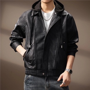 高端潮牌机车风可拆卸连帽PU皮衣男2025秋冬新款硬汉复古宽松外套