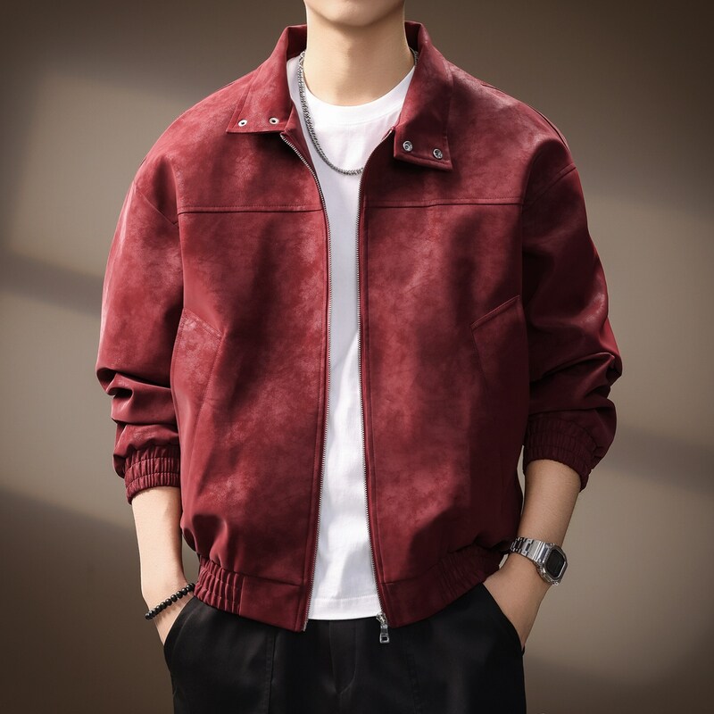 高端美式复古扎染PU皮夹克外套男士春秋高级感潮牌痞帅休闲皮衣男