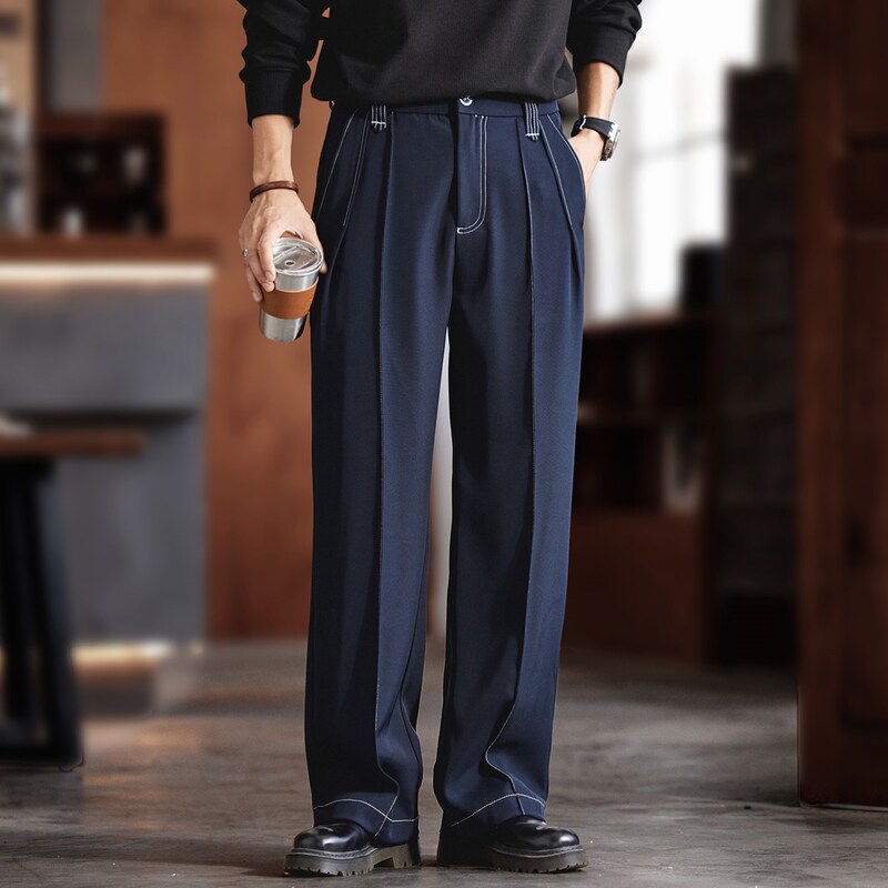 格蓝鹿休闲垂坠感直筒西裤男秋冬季潮牌宽松缉明线通勤阔腿长裤子