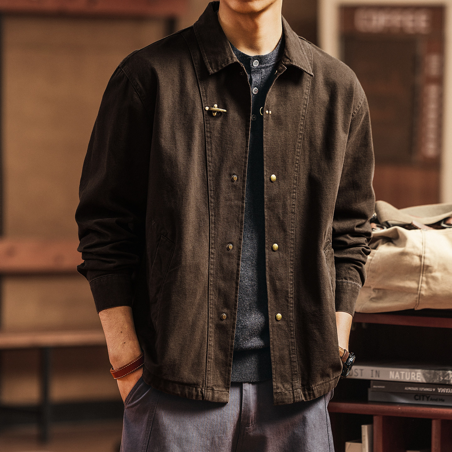格蓝鹿美式复古工装衬衫式夹克外套男秋冬潮牌宽松休闲长袖衬衣男