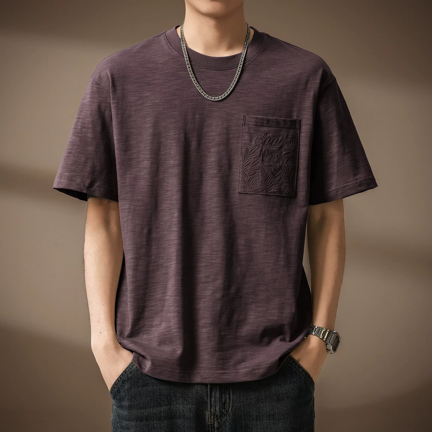 高端美式竹节纯棉刺绣百搭短袖T恤男士夏季薄款宽松圆领休闲上衣