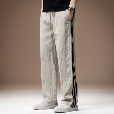 高端亚麻直筒速干休闲裤男士秋季新款莱赛尔天丝宽松三条杠裤子男