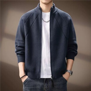 高端美式复古7针重磅开衫毛衣男士秋冬双拉链半高领针织衫外套男