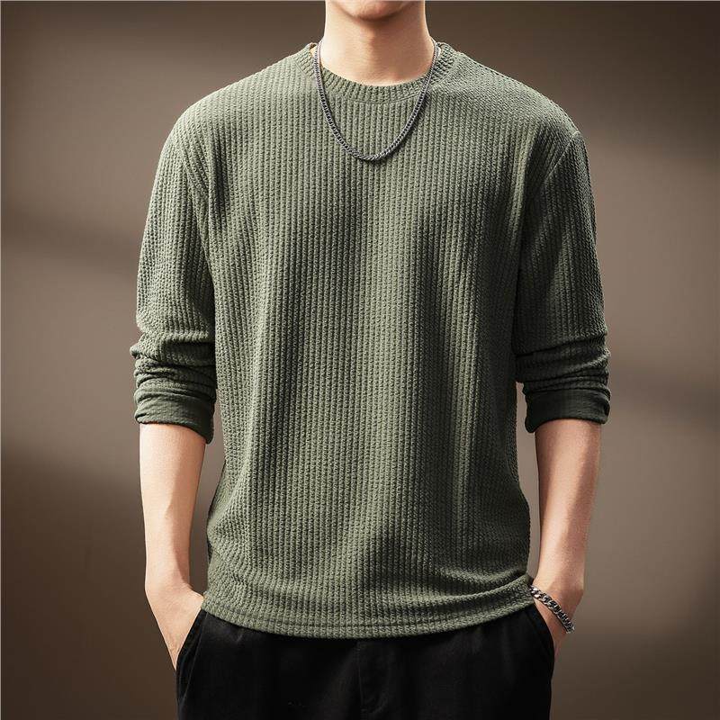 高端美式条纹肌理感免烫长袖T恤男士秋季薄款打底衫微宽松卫衣男