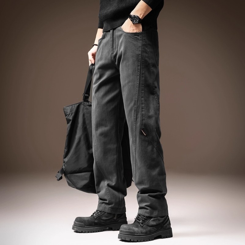 高端复古水洗纯棉男士休闲裤秋季加绒宽松潮牌垂感拼接直筒工装裤,男装,休闲裤,淘宝优惠券,粉丝福利购,淘宝优惠卷