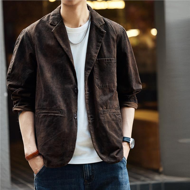 格蓝鹿美式复古斑驳做旧西装外套男款2025秋季宽松休闲水洗西服男