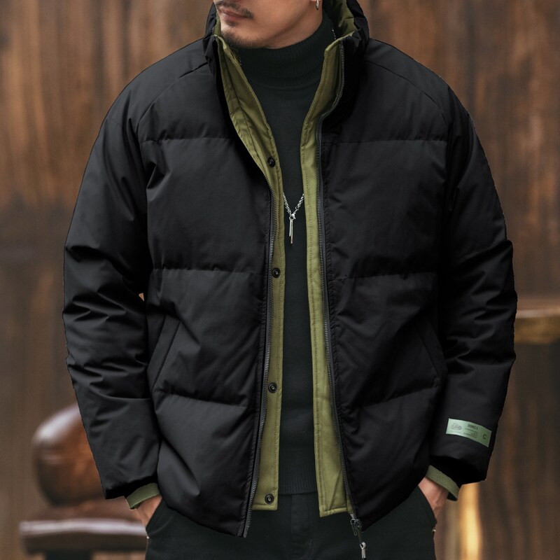 格蓝鹿冬季加厚假两件立领鸭绒羽绒服男宽松潮牌保暖休闲棉衣外套