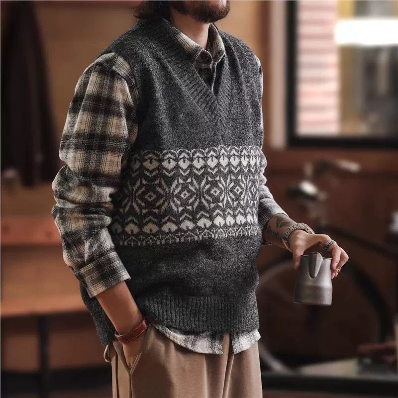 格蓝鹿潮牌羊毛混纺提花针织马甲男款2025秋冬季坎肩背心外套毛衣