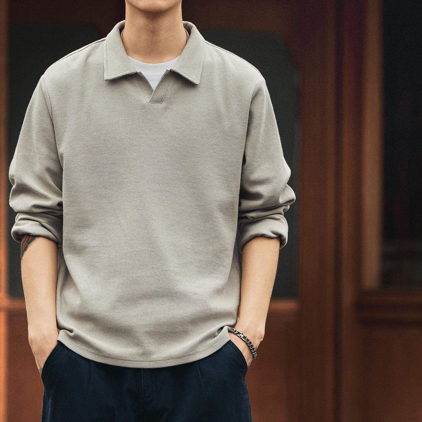 格蓝鹿美式潮牌海鸥领长袖T恤男款2026春秋宽松华夫格Polo衫卫衣