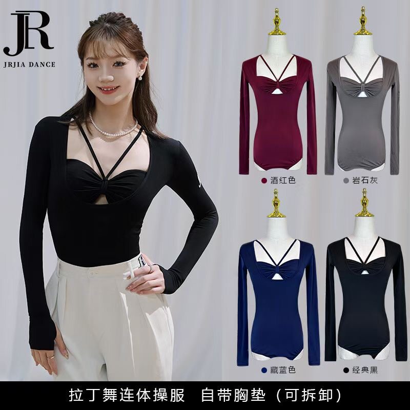 JIA拉丁舞服新款女成人上衣班服网红长袖挂脖性感别致上衣女R195