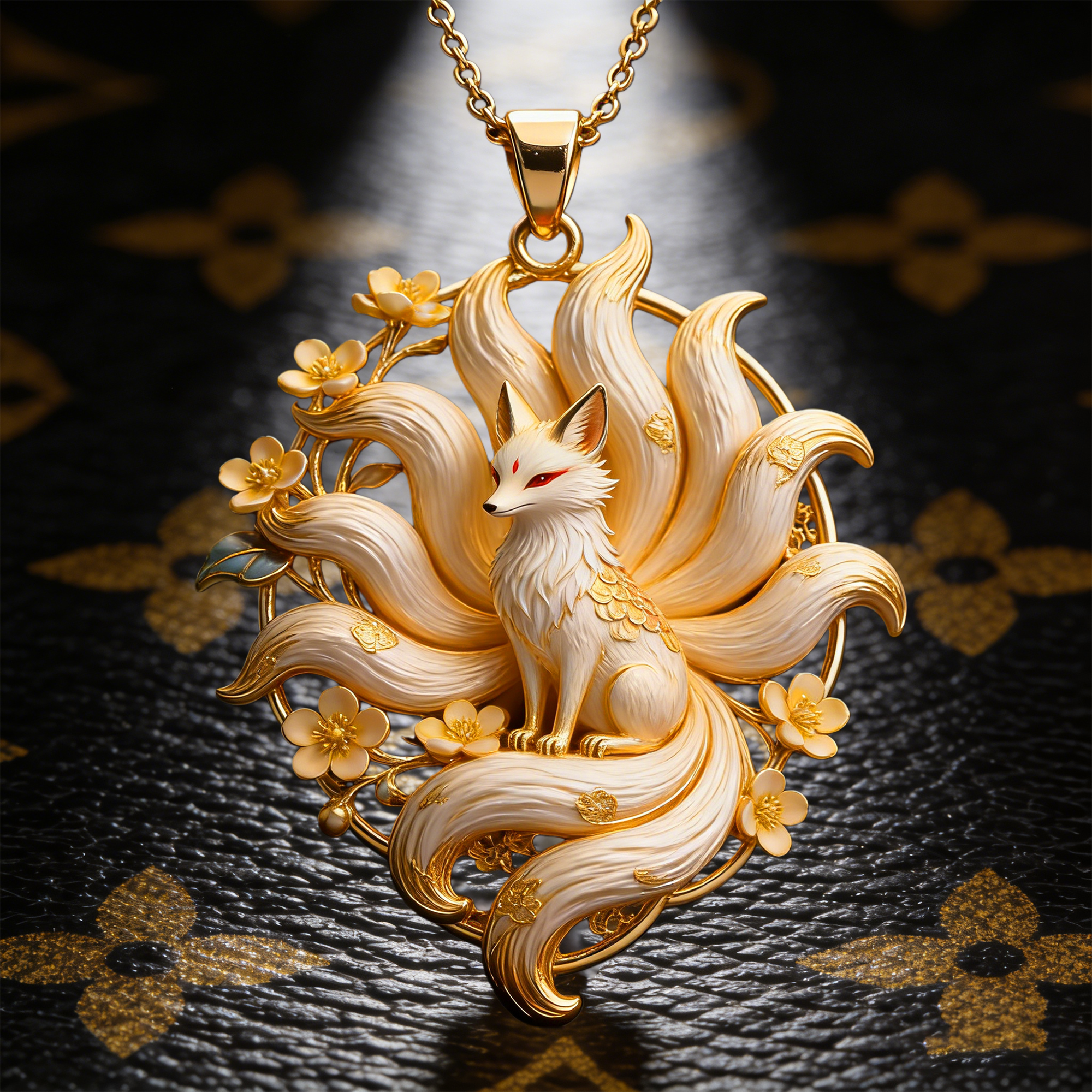 金色九尾狐吊坠项链复古花朵装饰金属链子女士复古配饰