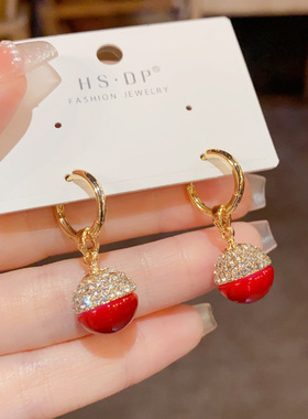 欧美亚马逊跨境简约满钻红色球球耳坠时尚百搭显瘦耳环