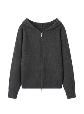 MM麦麦2025秋冬新款深灰色连帽绵羊毛针织衫毛衣女上衣5GA234111