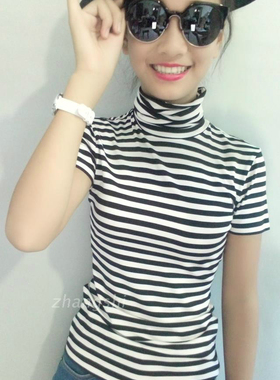 26新款女装百搭针织弹力棉修身细条纹高领短袖T恤打底衫大码定做