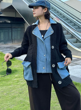 251015美式复古时尚拼接牛仔撞色假两件设计感针织衫毛衣外套开衫